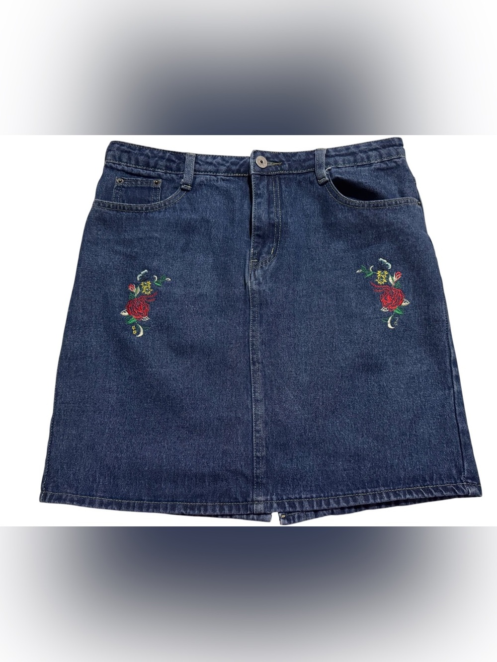 Hand Embroidered Denim Mini Skirt Floral Rose Blue Jean Womenβs size M